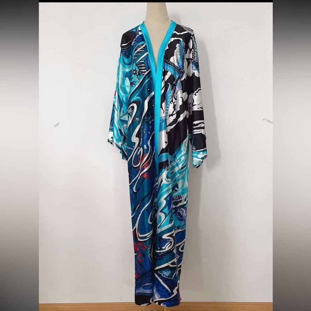 1146.  Vibrant Blue Abstract Maxi Kimono